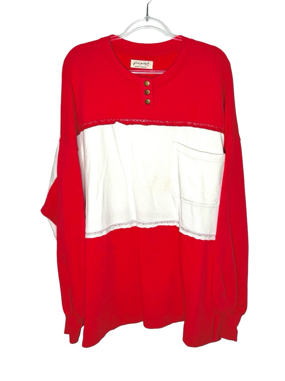 Free People | NWOT Strawberry Crewneck Henley Sweatshirt in Red/White Large - Picture 3 of 6